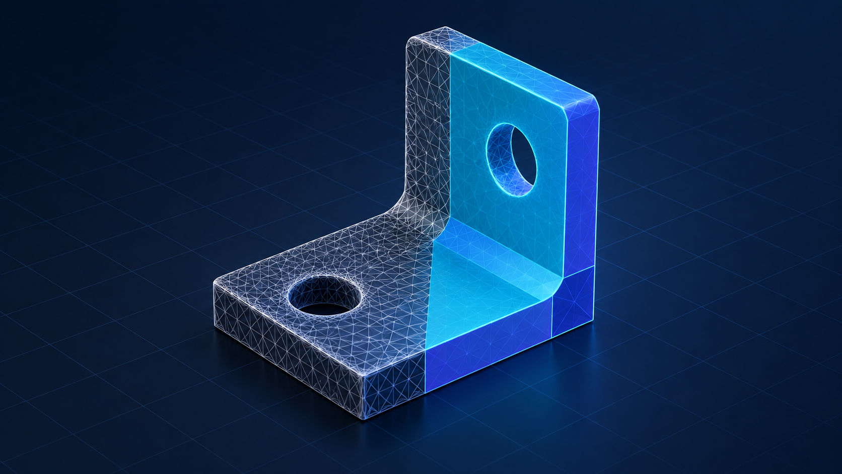Technische Illustration einer triangulierten Halterung mit blau hervorgehobenen ebenen Flächen
